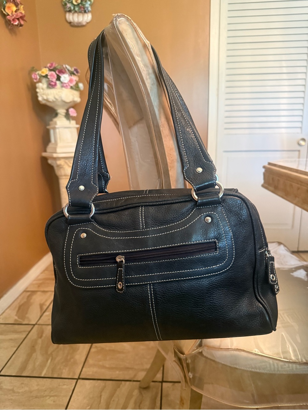 Tignanello Black Shoulder Bag with White Contrast Stitching.